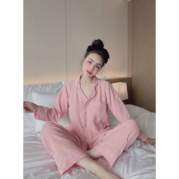 Bộ Pijama mặc nhà Nữ mẫu đũi xốp trơn, Đồ ngủ Thu Đông Áo dài quần dài xinh