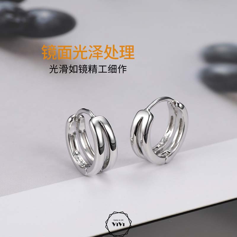 Bông tai bạc nam kiểu tròn vòng đôi Doupara – khuyên tai bạc ViVi_Gift