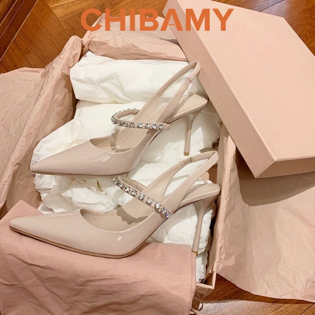 Giày cao gót nữ mũi nhọn đính đá Rhinestone gót nhọn cao 9cm hở gót hàng cao cấp CHIBAMY