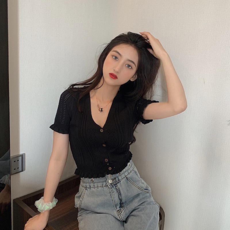 SUXI Áo Croptop Dệt Kim Tay Ngắn Thiết Kế Cổ Chữ V Thanh Lịch