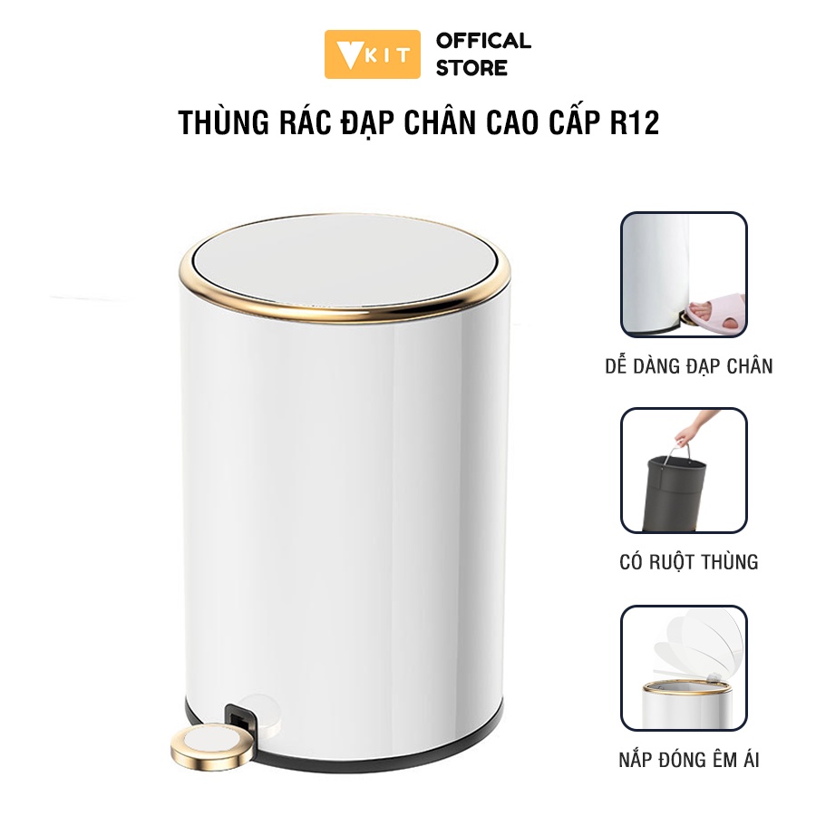 Thùng đựng rác inox tròn có nắp đậy và đạp chân cao cấp kèm giảm chấn và sáng bóng Vkit R12