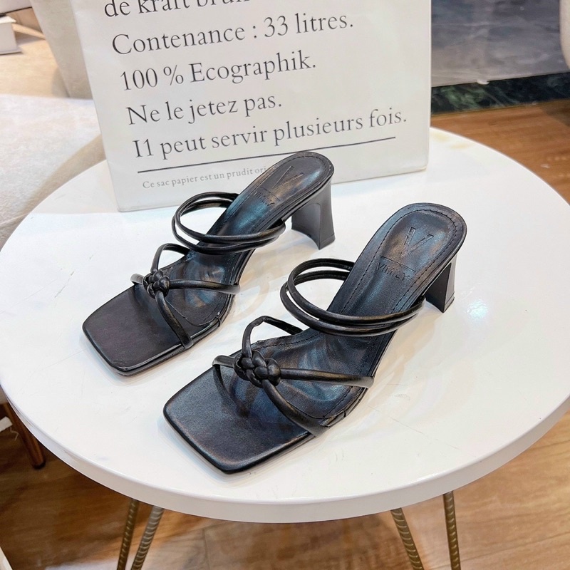 SALE Guốc dây ống đan gút da gót dẹp 5 cm