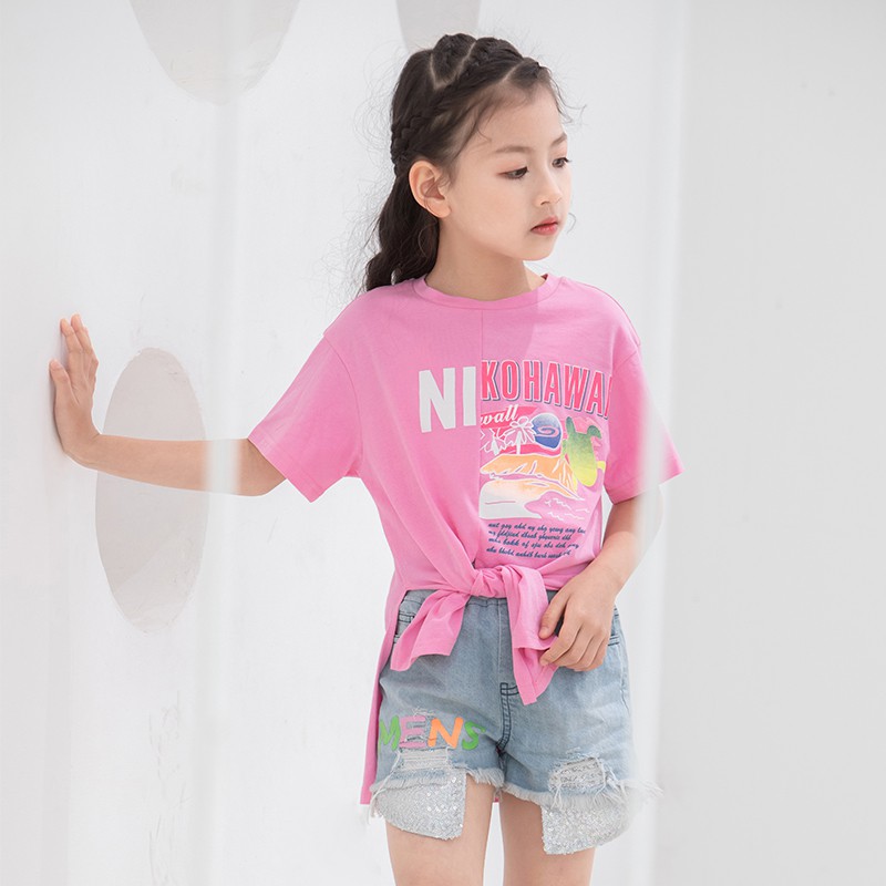 Áo thun bé gái cổ tròn form dài thiết kế xẻ tà cột vạt trước phiên bản Hàn Quốc