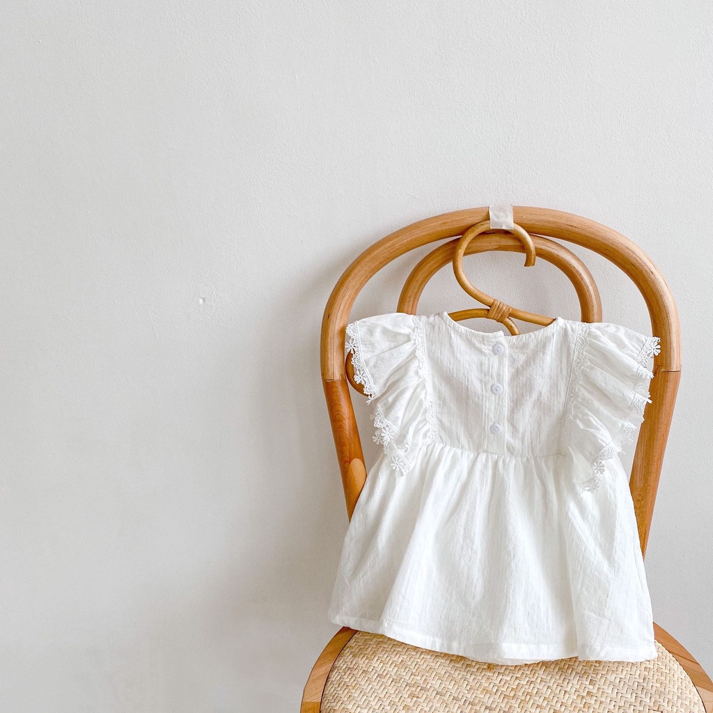 Bộ Áo Liền Quần Bằng Cotton Phối Ren Tay Áo Bay ha ha Dành Cho Bé Gái Leo Núi