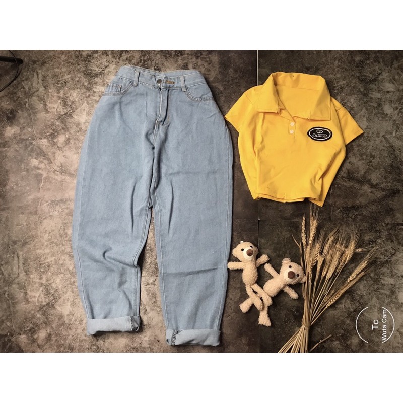 SÉT quần baggy bò xanh kèm áo crt lô gô