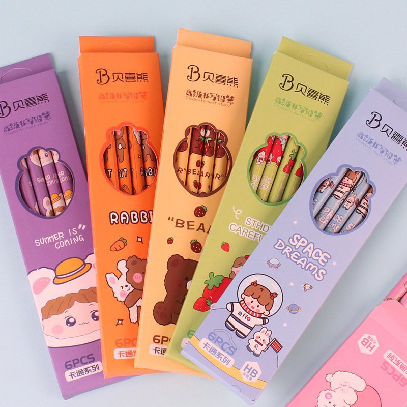 Set 6 bút viết chì HB vỏ in hình động vật cute nhiều màu sắc