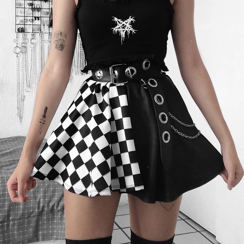 Chân Váy Chữ A Kẻ Sọc Caro Phong Cách Gothic Đường Phố Gợi Cảm Y2K Cho Nữ