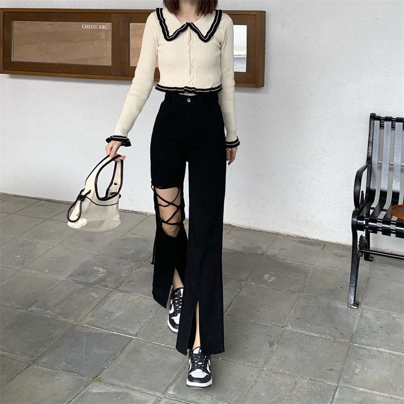 Quần Jean Đen Cột Dây Hở Lỗ Nhẹ Nhàng Phong Cách Jiashucheng Mùa Hè Mới Cho Nữ