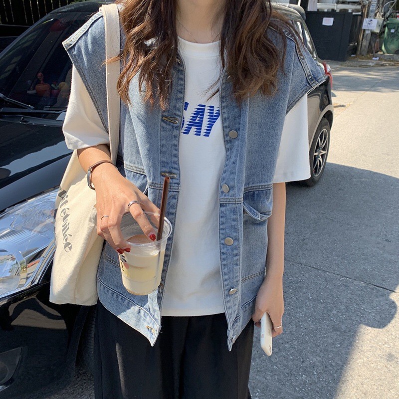 Áo gile denim có túi