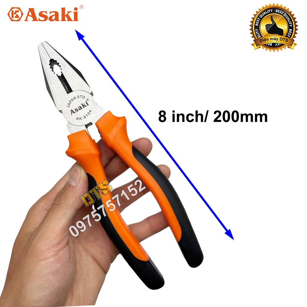 Kìm điện 8 inch kiểu Đức Asaki, kềm răng tổ hợp A+cut Tech thép CR-V siêu cứng chống gỉ sét, cắt tuốt dây đa năng