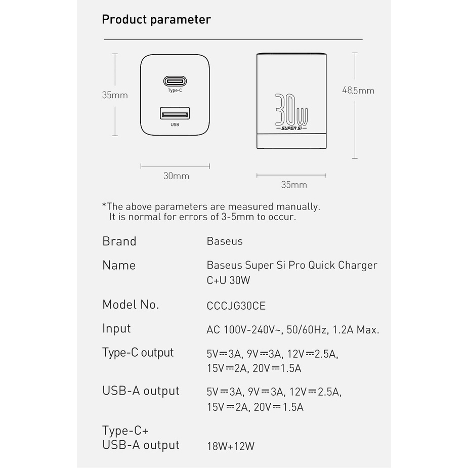 Củ Sạc 30W Baseus Super Si Pro sạc nhanh 2 cổng Type C + USB, Hỗ Trợ PD3.0, QC3.0, nhỏ gọn, chân gập
