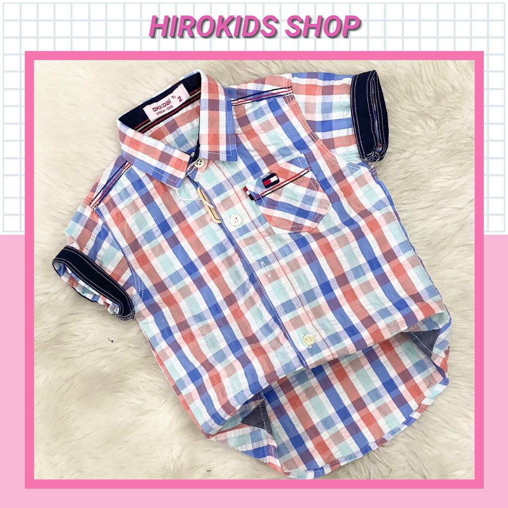 Áo Sơmi sọc Caro vải Kate tay ngắn phong cách cho bé trai (8~24kg) HIROKIDS