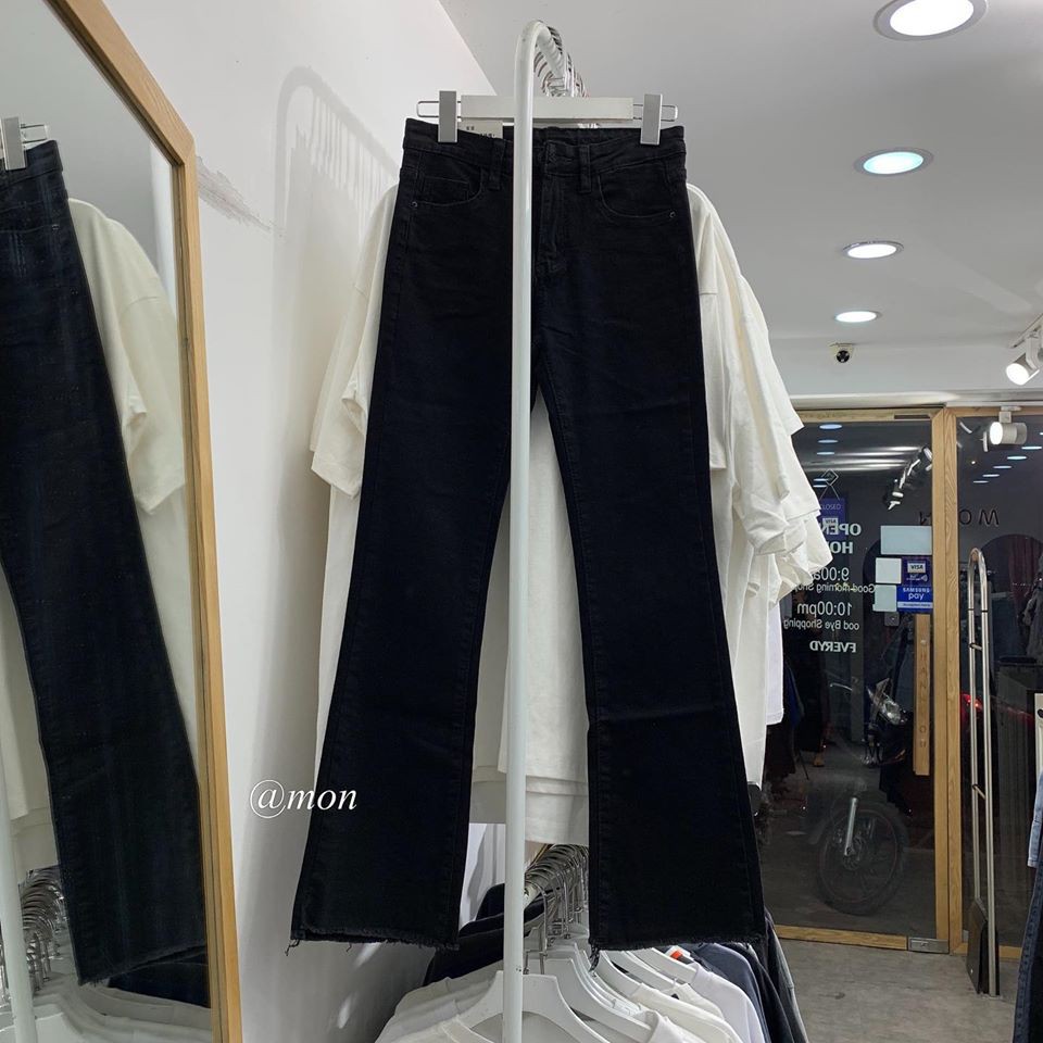 190109 Quần jeans nữ ulzzang loe nhẹ co giãn tốt màu đen trơn có size