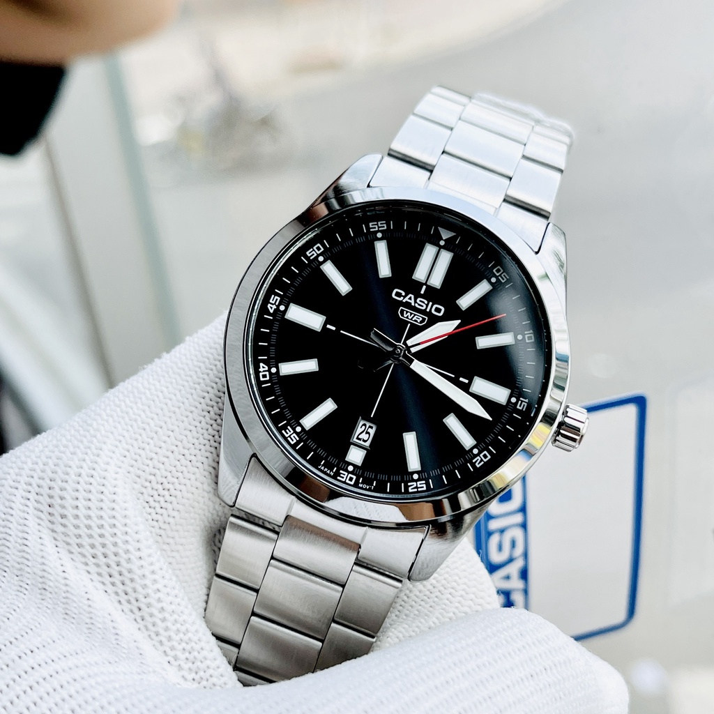 Đồng hồ nam kim da quang Casio MTP VD02D-1E Dây thép mặt đen Size 41mm chống nước 5ATM Bảo hành 1 năm Hyma watch