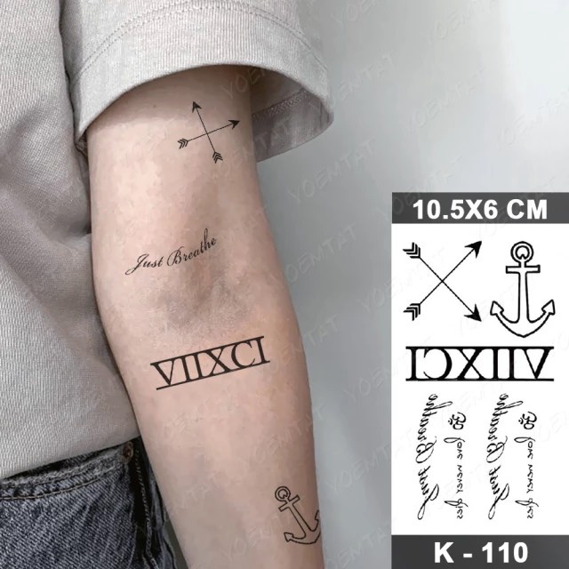 Hình xăm mỏ neo, mũi tên chéo, chữ số la mã k110- miếng dán tatoo tạm thời size &lt;10x6cm