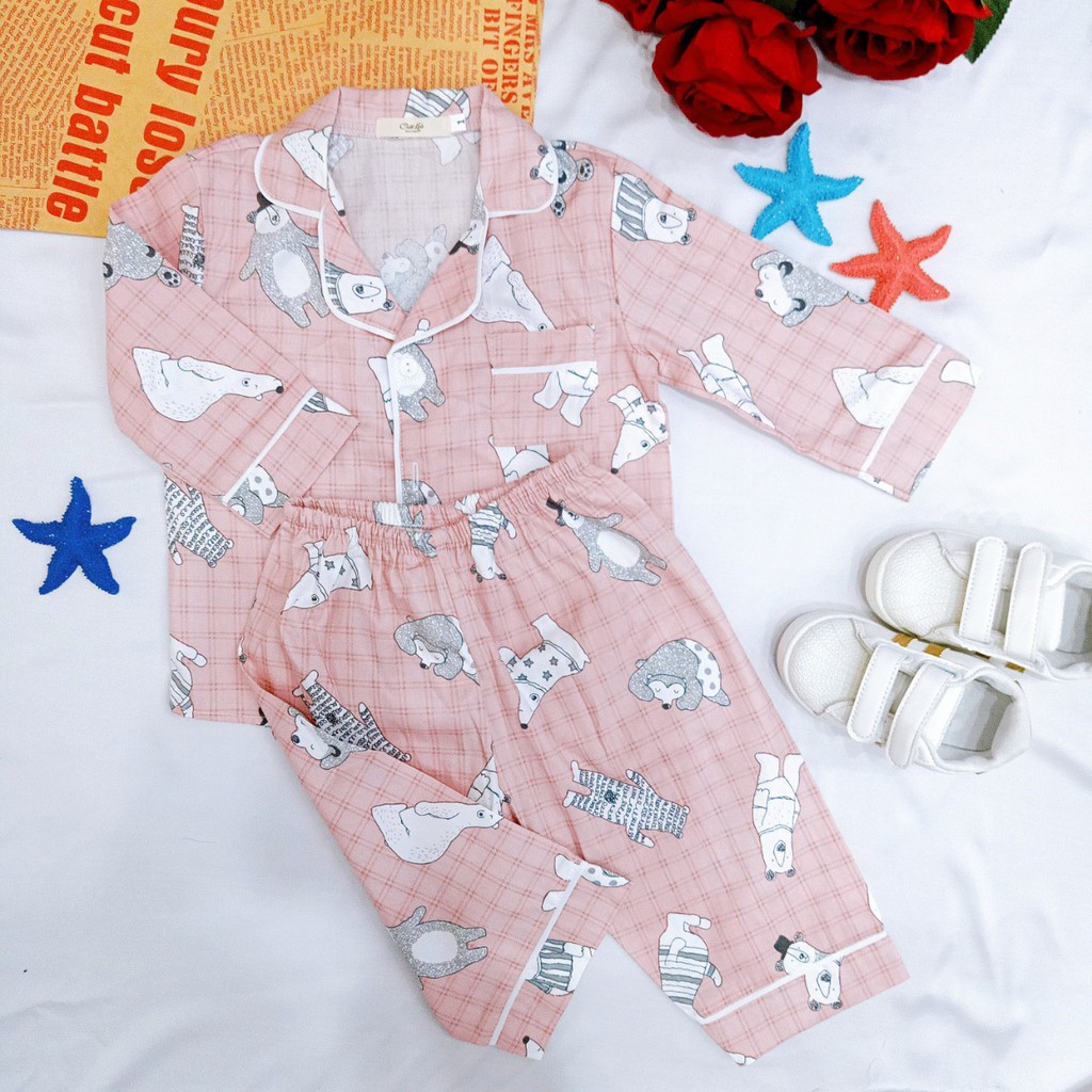 Pijama thô lụa dài tay in hình cute cho bé trai và bé gái