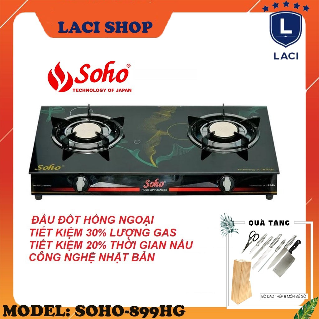 Bếp Ga Đôi SOHO 899HG | Đầu Đốt Hồng Ngoại | Mặt Kiếng Cường Lực | Tặng Bộ Dao Làm Bếp 8 Món