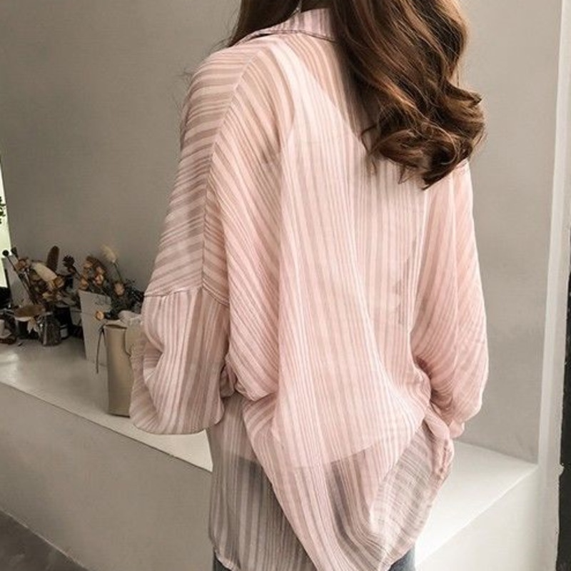 Áo sơ mi chiffon RENJIANVSHENG dáng rộng kẻ sọc tay phồng phong cách Hàn Quốc thời trang cho nữ