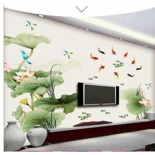 Tranh decal dán tường Cá và hoa sen 3D SIÊU HOT