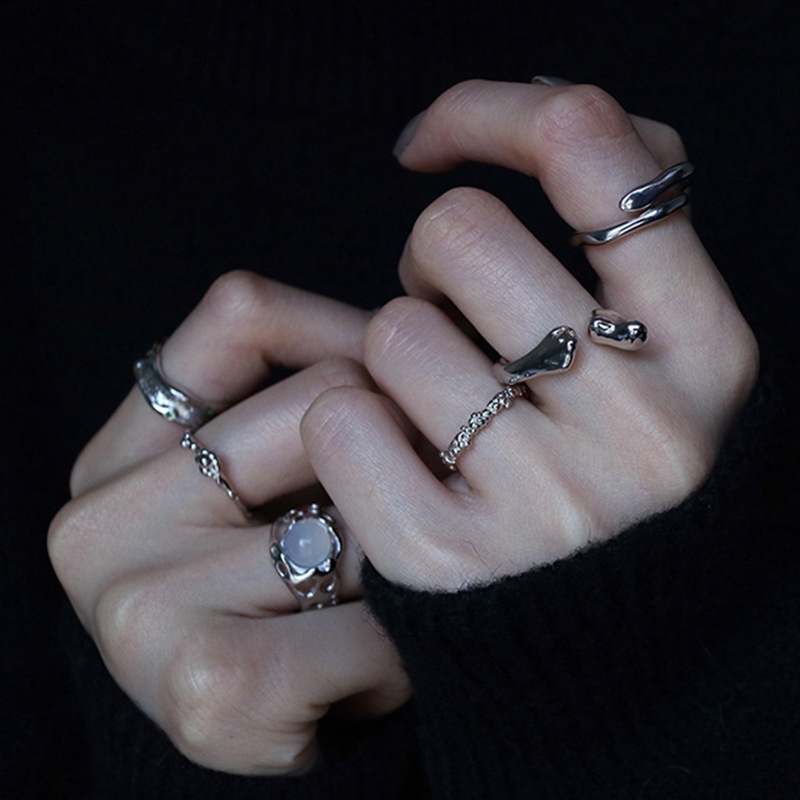 Nhẫn nữ hai lớp hình đặc biệt bằng bạc s925, đá quý mỏng và thô, mã não, xếp chồng đen sẫm và lạnh, nhẫn nữ tính khí lạnh