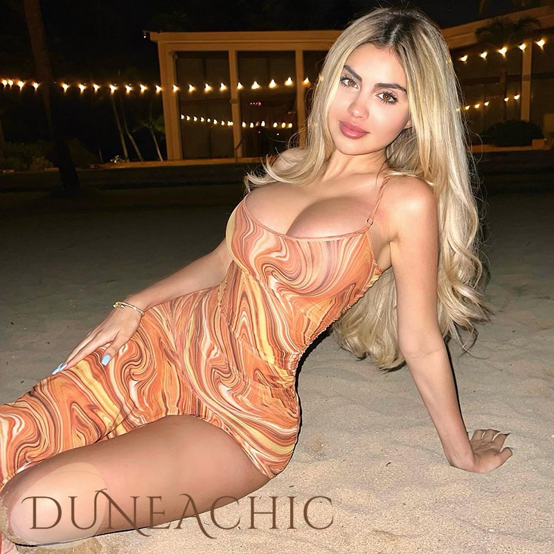 DUNEA Đầm Hai Dây Dáng Dài Xẻ Tà Hở Lưng In Họa Tiết Thời Trang Cho Nữ