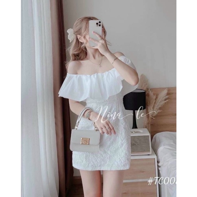 Váy Trễ Vai Bèo Voan Váy Chất Xốp In Hoạ Tiết Nổi Cực Xinh