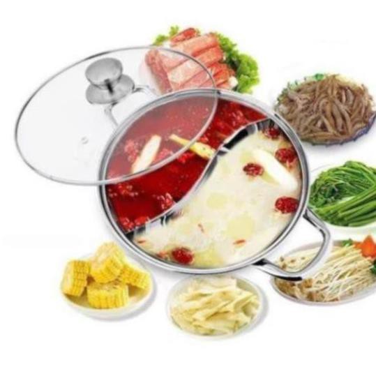 Nồi lẩu Hot Pot 2 ngăn inox-Nôi lẩu size lớn 30cm-Nồi lẩu 2 ngăn dầy dặn nấu được bếp từ cao cấp