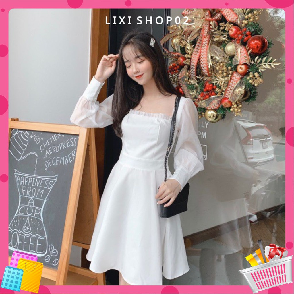 Váy nữ, Đầm trắng xòe tay phồng dễ thương Babe Dress Vải loại 1