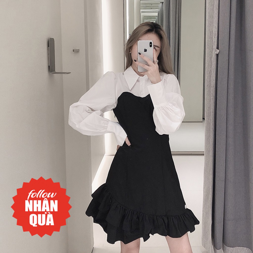 Đầm Zara chemise trắng đen thanh trẻ thanh lịch DT07SMG62N10