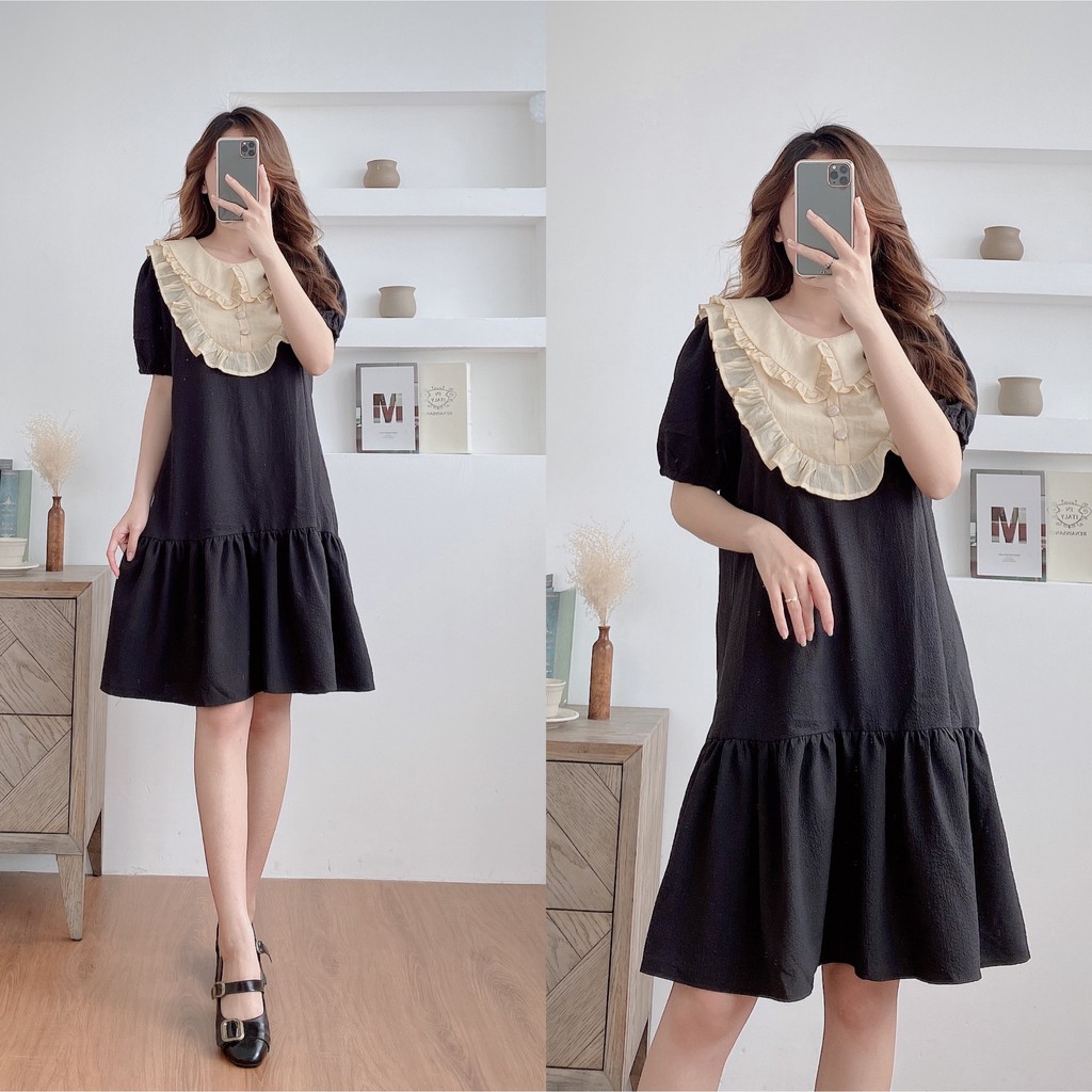 Váy suông cổ sen phối bèo, đầm xuông rộng đuôi cá, tay bo phồng 3 màu mã V162 - Michi's House | BigBuy360 - bigbuy360.vn