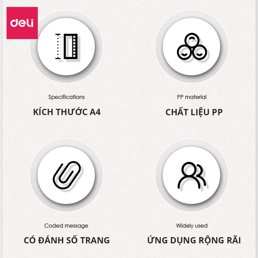 File lá văn phòng A4 Deli - 20/30/40 lá - chất liệu PP cao cấp - Xanh dương/Hồng/Trắng/Tím - NS195/196/197