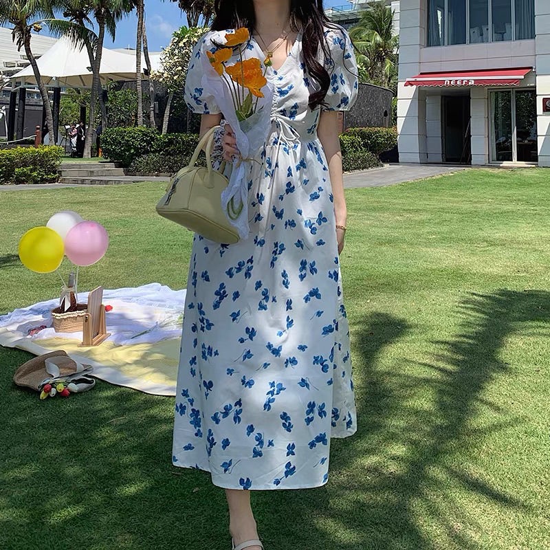 Đầm Hoa Tay Ngắn Cổ Chữ V Thời Trang Hàn Quốc Cho Nữ