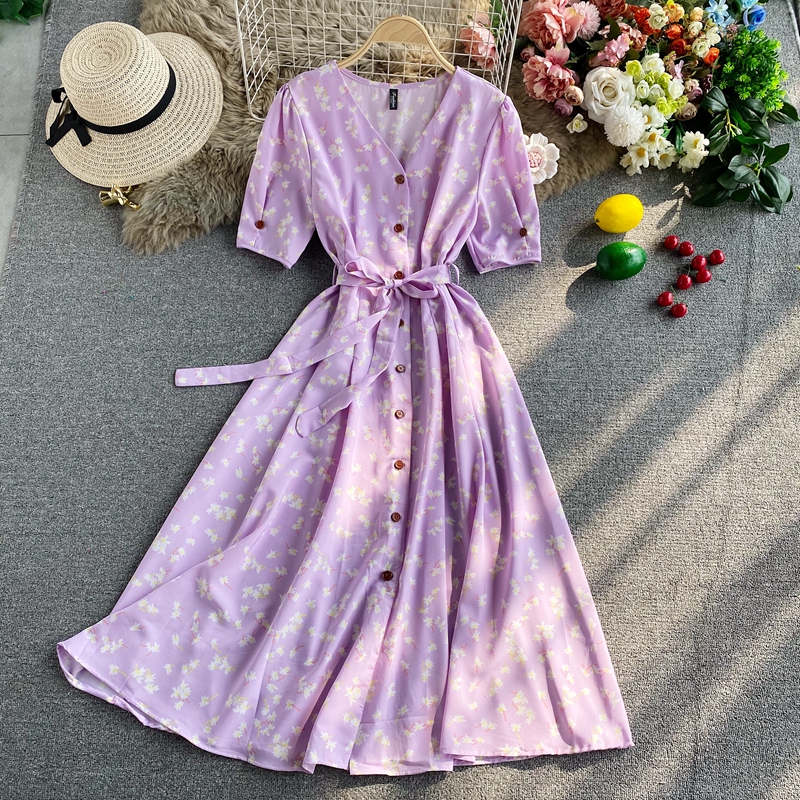 Đầm Ngắn Tay In Hoa Cổ Chữ V Xinh Xắn Dành Cho Nữ