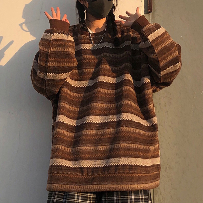 Áo Sweater Dệt Kim Tay Dài Kẻ Sọc Kiểu Harajuku Nhật Bản Cá Tính Cho Nam Và Nữ
