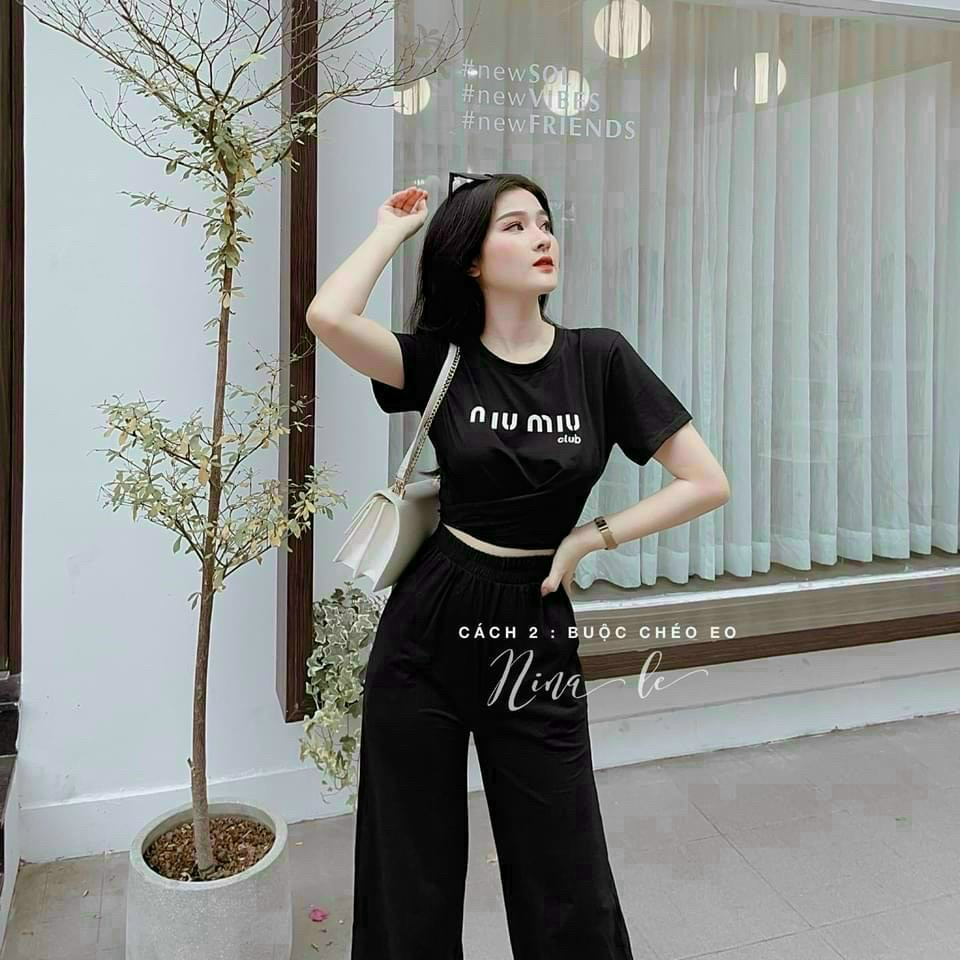 (FreeShip)Đồ bộ nữ,bộ cotton áo croptop in chữ cột nơ phối quần ống rộng có túi,chất thun mềm mát lên from chuẩn