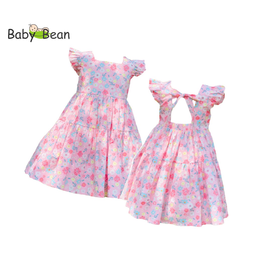 Đầm Cotton 3 Tầng Cổ Vuông Thắt Nơ Lưng Bé Gái BabyBean