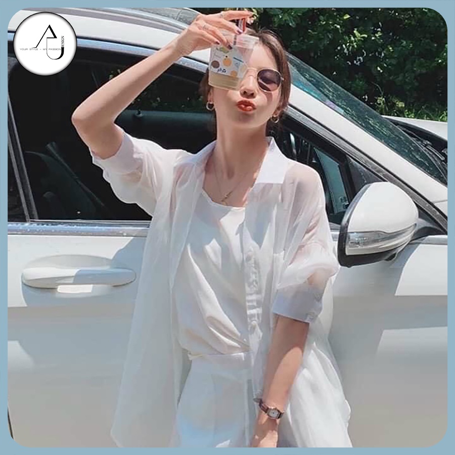 Set Áo Sơ Mi Trắng Và Quần Short ĐI Biển AU.DESIGN Phong Cách Hàn Quốc Vải Voan Form Rộng Mỏng Nhẹ  Freesize