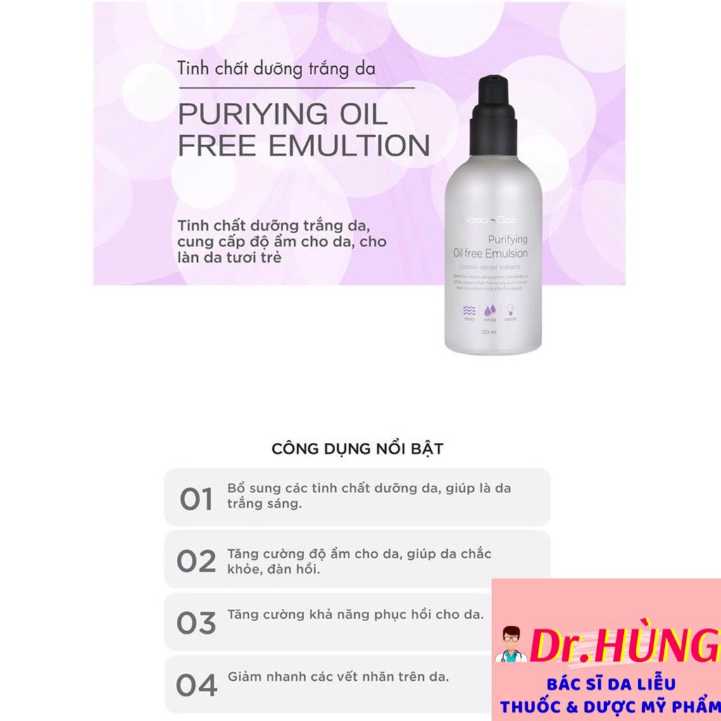 ✅(CHÍNH HÃNG) Sữa Dưỡng Ẩm , Sáng Da GoodnDoc Purifying Oil Free Emulsion 120ml