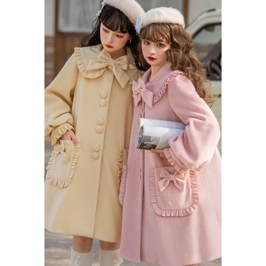 YAS0539-Áo khoác dạ Alice Girl dáng chữ A nhún bèo gắn nơ