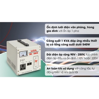Ổn Áp 1 Pha LIOA DRI-1000 II Công Suất 1.0kVA Điện Áp 90V - 250V, 100% Dây Đồng Nguyên Chất - An Toàn, Tiết Kiệm Điện