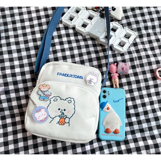 Túi đeo chéo vải in họa tiết Harajuku Nhật Bản