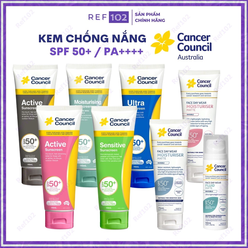 Kem chống nắng Cancer Council Active Năng Động SPF 50+ PA ++++ và Face Day Wear Invisible [TEM NK CHÍNH HÃNG]