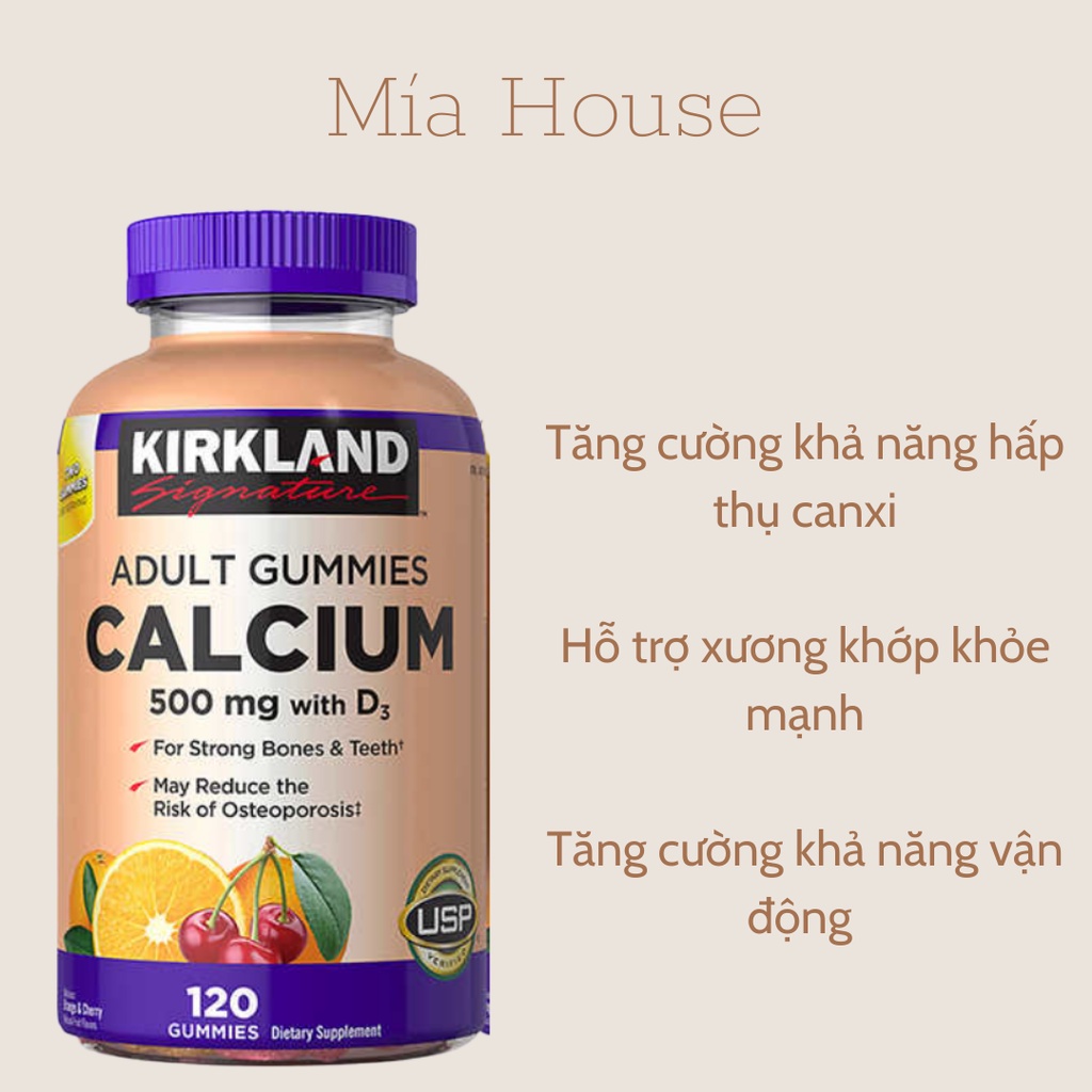 Kẹo dẻo bổ sung canxi Kirkland Adult Gummies Calcium 500mg with D3 (120v/hũ)