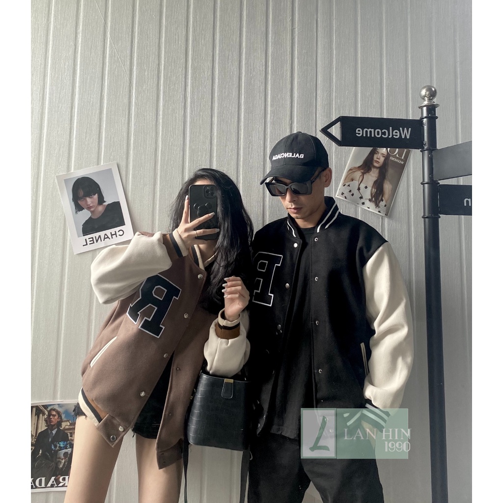 Áo Khoác Bomber Unisex Dạ 2 Lớp Chữ R Phối Màu Cá Tính