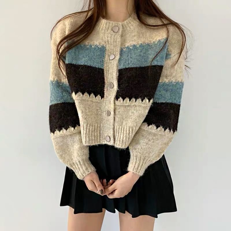Áo Khoác Cardigan Dệt Kim Màu Sắc Tương Phản Phong Cách Retro Hàn Quốc