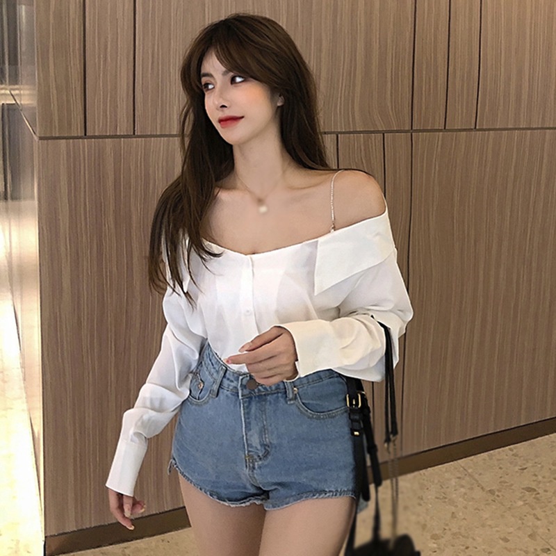 Áo sơ mi tay dài trễ vai màu sắc thời trang dành cho nữ