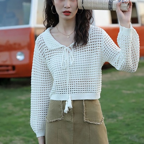 Áo ZHELIHANGFEI dệt kim tay dài cổ bẻ cá tính thời trang dành cho nữ