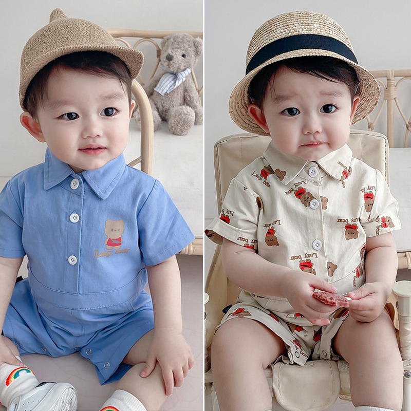 Áo Liền Quần Ngắn Tay In Hình Chú Gấu Cho Bé Trai Sơ Sinh