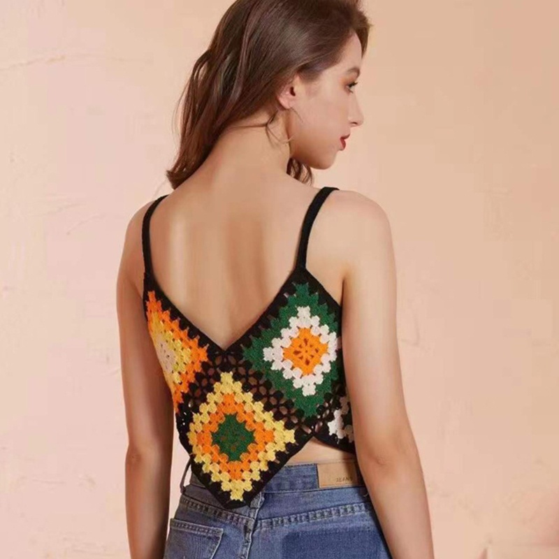 Áo Croptop Dệt Kim Không Tay Cổ Chữ V Họa Tiết Hình Thoi Nhiều Màu Phong Cách Boho Quyến Rũ Cho Nữ