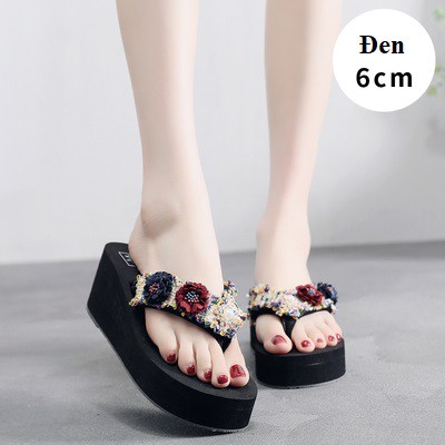 (SẴN HÀNG) Dép tông xỏ ngón đế cao quai đính hoa |Dép kẹp sandal đế xuồng 6p,3p